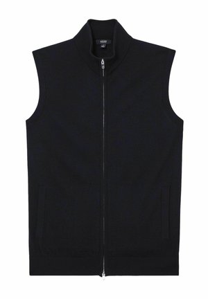 Fekete ujjatlan mellény kötött anyagból, magas gallérral, elülső cipzáras záródással és két oldalzsebbel. Simább textúra és minimalista dizájn.