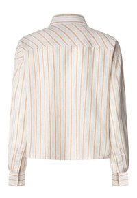 Striped shirt with vertical orange and cream lines; collared with buttoned cuffs; fabric appears lightweight and textured.