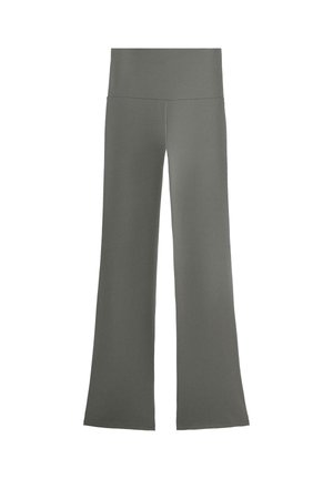 Pantalon taille haute, jambes larges, en gris uni avec une ceinture lisse, conçu pour le confort et une tenue décontractée.