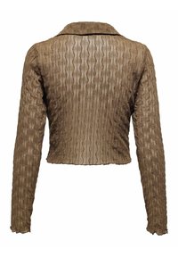 Brun tekstureret cropped jakke med et bølget mønster, lange ærmer og kravehals, lavet af et fleksibelt stof.