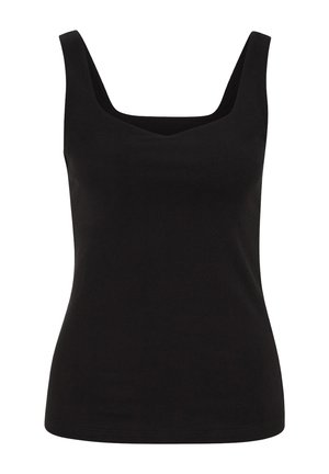 Débardeur noir ajusté sans manches avec un large col carré, design simple et tissu lisse.