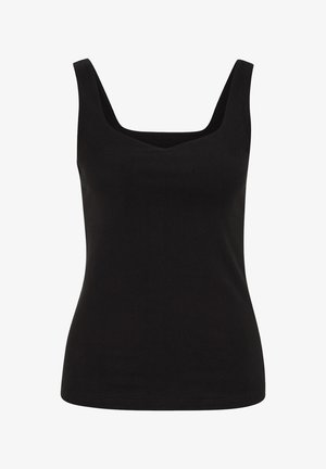 Fekete, ujjatlan, testhez simuló felső széles, négyzet alakú nyakkivágással, egyszerű dizájnnal és sima anyaggal.