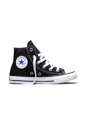 Czarny wysokostanowy sneaker Converse All Star z białymi sznurowadłami i podeszwą, z naszywką z logo Chuck Taylor na kostce.