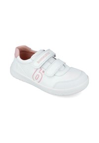 Zapatilla blanca con acentos rosas, material sintético suave, doble tira de Velcro, puntera redondeada y un forro interior acolchado.