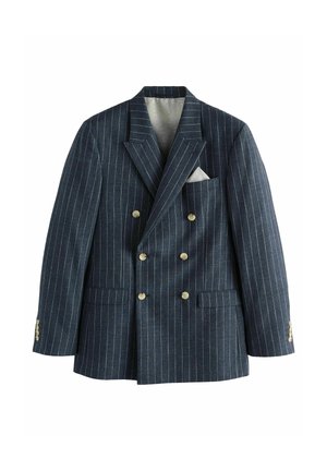 Double-breasted navy pinstripe blazer with gold buttons and a pocket square, displayed front-facing against a white background.