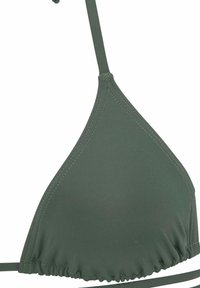 Dark green triangle bikini top made from smooth fabric; features adjustable straps and a ruffled edge along the bottom seam.