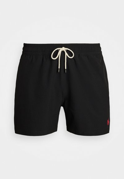 Juodi maudymosi šortai su elastine liemene, kreminio spalvos raišteliais ir mažu raudonu logotipu apatiniame dešiniajame kampe. Lygus audinys.