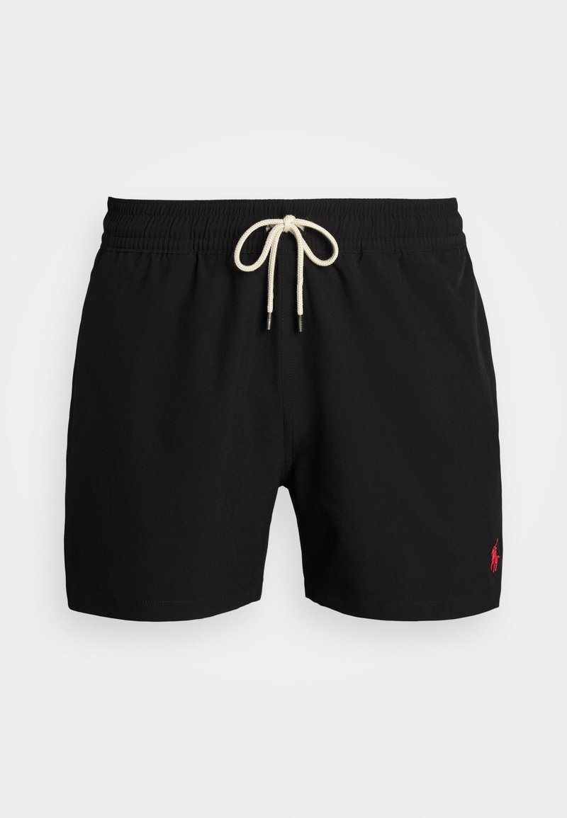 Črne kopalke z elastičnim pasom, kremasto vrvico za zategovanje in majhnim rdečim logotipom na spodnji desni strani. Gladek tekstura.