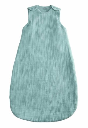 Sacco nanna per bambini azzurro chiaro senza maniche con bottoni a pressione sulle spalle e sui lati, tessuto strutturato.