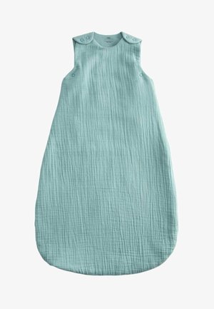 Lyseblå ærmeløs baby sovepose med trykknapper på skuldre og sider, tekstureret stof.