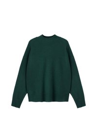 Maglione a maglia verde foresta con collo a girocotico ribattuto, spalle scese e bordi a coste. Texture morbida, vestibilità rilassata.