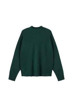 Maglione a maglia verde foresta con collo a girocotico ribattuto, spalle scese e bordi a coste. Texture morbida, vestibilità rilassata.