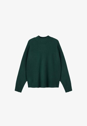 Foresty green knitted sweater with a ribbed crew neck, dropped shoulders, and ribbed cuffs and hem. Soft texture, relaxed fit.