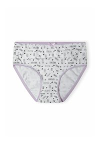 Culotte en coton blanche avec une bordure lilas, ornée d'un motif imprimé de mots inspirants en noir. Un petit nœud accentue la taille à l'avant.