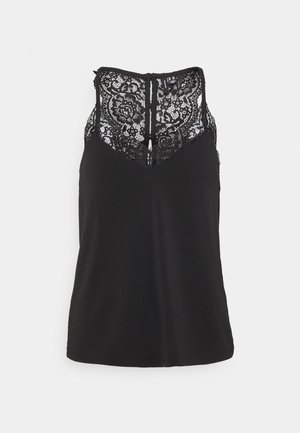 Top negro sin mangas con cuello alto de encaje floral y detalle en la espalda, silueta ajustada sobre un fondo liso.