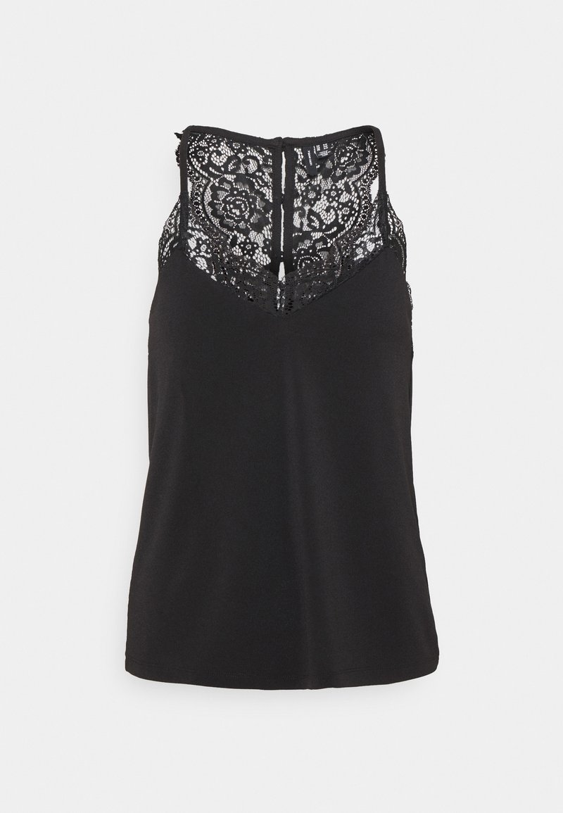 Sort ærmeløs top med blomsterblonde i høj hals og detaljer på ryggen, tætsiddende silhuet på en ensfarvet baggrund.