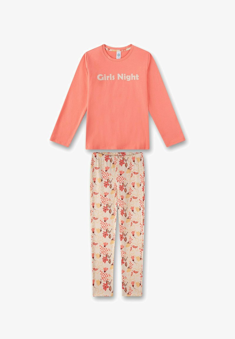 Korallfarbener Langarmtop mit dem Text "Mädelsabend" und creamfarbenen Hosen mit floralem Muster, die in Rot, Orange und Gelb blühende Blumen zeigen. Aus weichem Baumwollstoff.