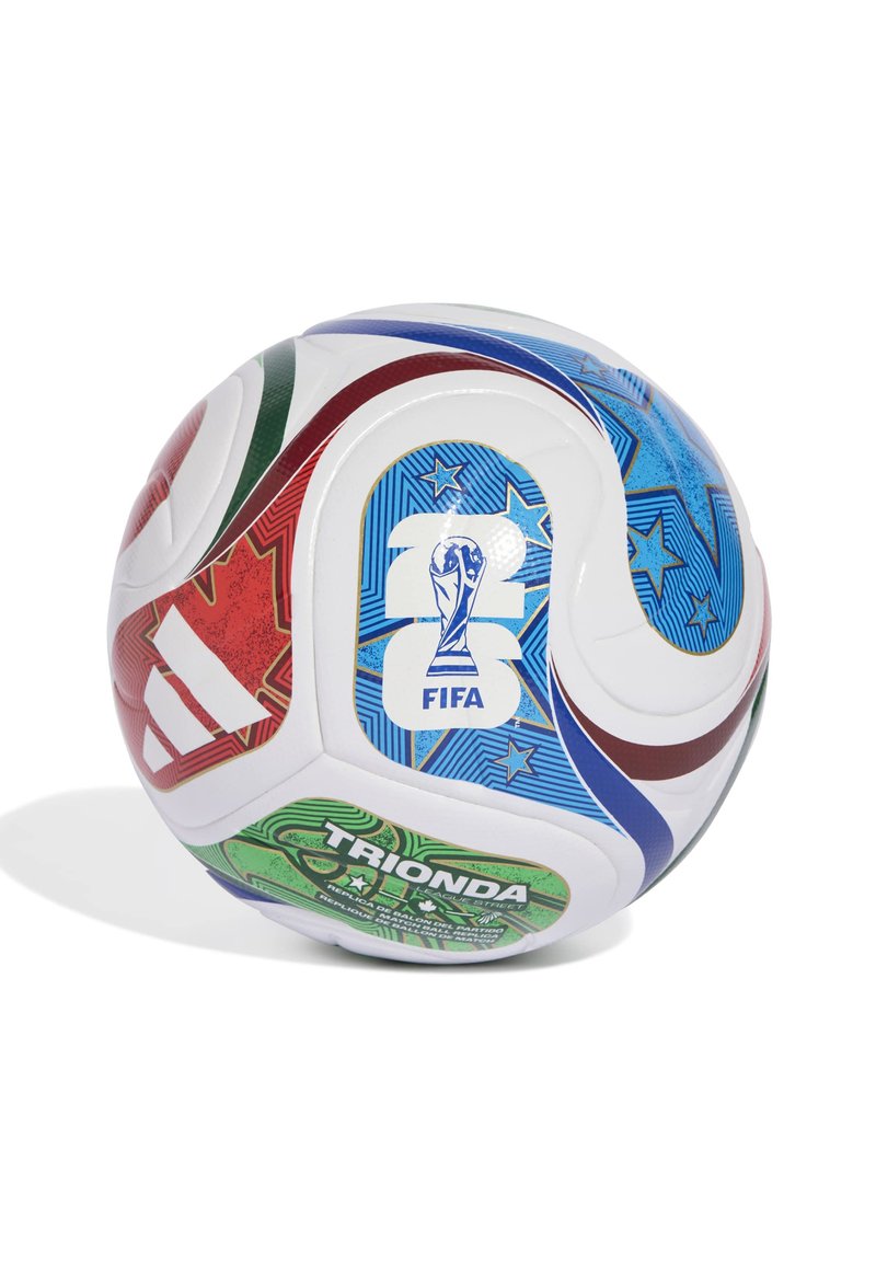 Bijela Adidas nogometna lopta s višebojnim grafičkim panelima, FIFA logotipom i "Trionda" brendom na bijeloj pozadini.