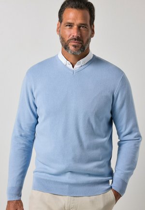 Mand med skæg iført lyseblå V-hals sweater over hvid skjorte med krave og beige bukser, stående med den ene hånd i lommen.