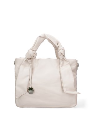 Borsa bianca con manici in tessuto annodato, texture liscia e dettagli in metallo lucido. Presenta una forma rettangolare e nessun sistema di chiusura visibile.
