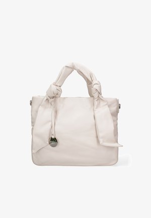 Borsa bianca con manici in tessuto annodato, texture liscia e dettagli in metallo lucido. Presenta una forma rettangolare e nessun sistema di chiusura visibile.