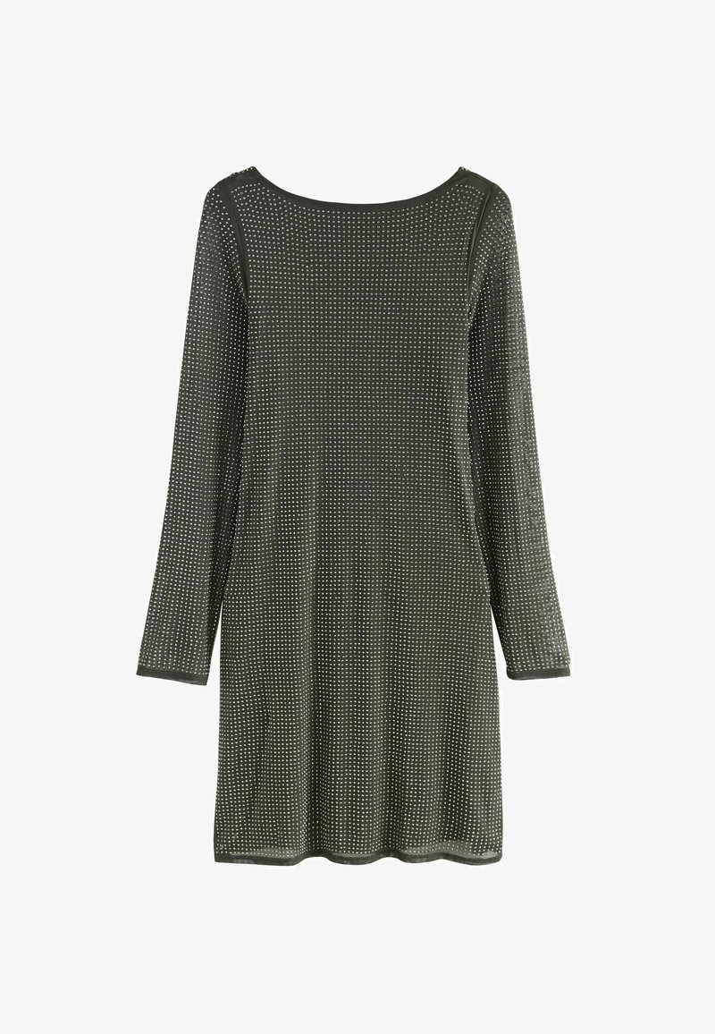 Langärmliges Kleid in dunklem Olivgrün mit einer strukturierten Oberfläche, die kleine metallische Akzente aufweist. Rundhalsausschnitt und lockere Passform.