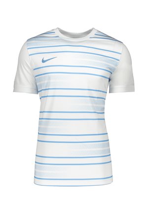 Maglietta atletica bianca a maniche corte con strisce orizzontali azzurro chiaro. Logo Nike blu sul lato sinistro del petto. Tessuto morbido e leggero.