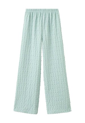 Lyseblå bukser med vide ben, prydet med et tekstureret blomsterprint og elastik i taljen, vist på en hvid baggrund.