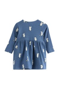 Blaues, geripptes Kleid mit langen Ärmeln, das ein verspieltes Tiermotiv zeigt. Das Design beinhaltet einen schwingenden Rock und einen runden Ausschnitt.