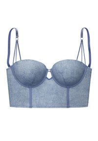 Modra kavbojka z molded skodelicami, podporo z žicami in detajlom v obliki ključavnice na sredini. Nastavljivi naramnice in strukturiran dizajn.
