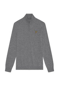 Cardigan grigio con zip, realizzato in morbido tessuto, con colletto alto e un piccolo logo giallo sul lato sinistro del petto. Maniche lunghe con polsini a costine.