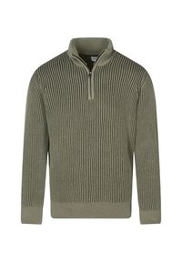 Hellolivgrüner, gerippter Pullover mit einem Viertelreißverschluss am Kragen. Verfügt über einen strukturierten Stoff mit einer taillierten Passform sowie gerippte Bündchen und Saum.