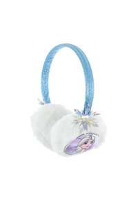 Bandeau en fausse fourrure blanche avec une bande pailletée bleu clair, comportant un accent en flocon de neige et une image d'un personnage sur les écouteurs.