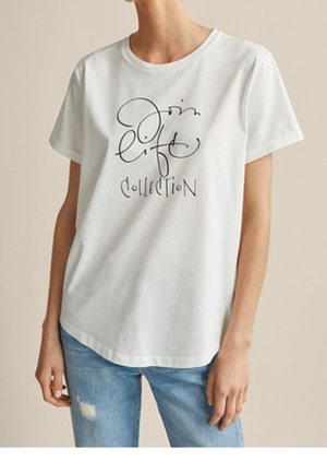 White cotton t-shirt with a relaxed fit, featuring a black cursive graphic that reads “life collection” on the front.