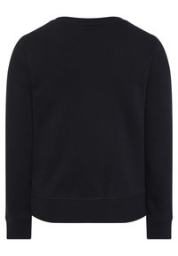 Black sweatshirt with a crew neck, long sleeves, and ribbed cuffs. Made from soft cotton, featuring a smooth texture and minimal design.