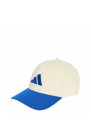 Casquette de baseball blanche avec une visière bleue courbée et trois formes géométriques bleues brodées sur le panneau avant.