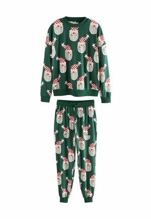 Groen pyjama set met een patroon van bebaarde gezichten in rode en witte hoeden. Zacht materiaal met lange mouwen en een elastische tailleband broek.