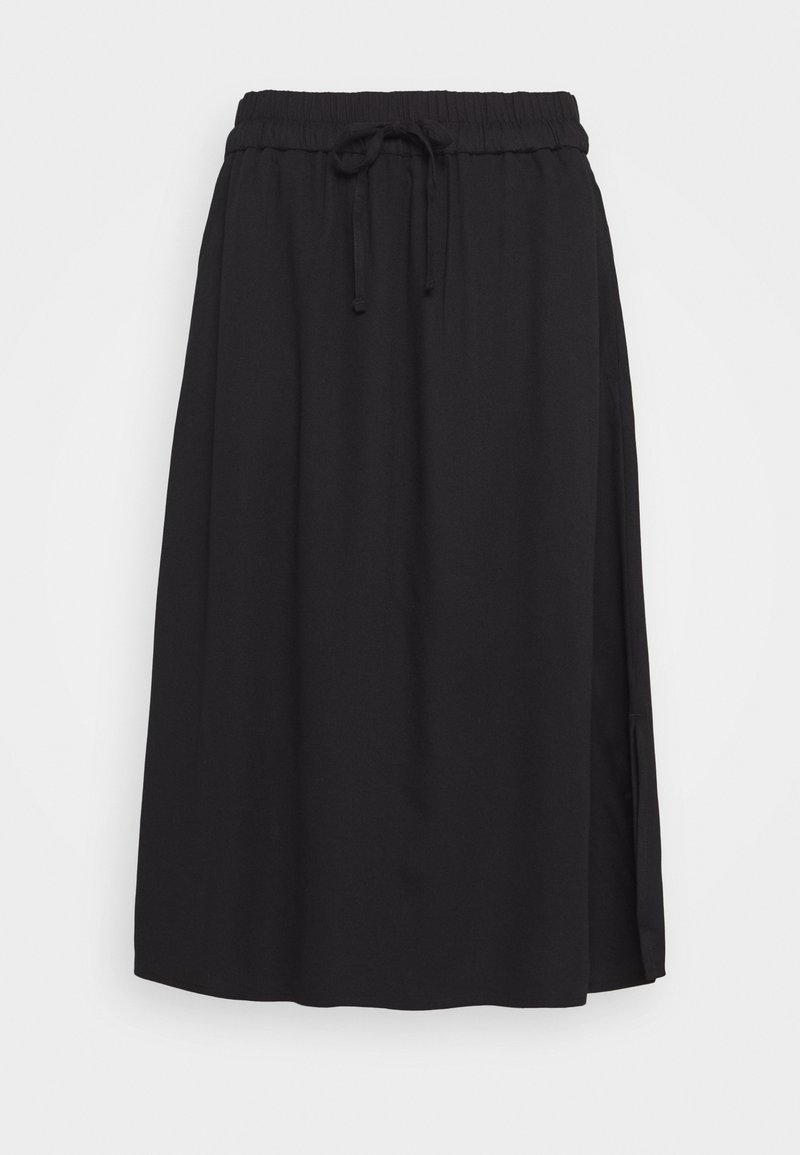 Jupe midi noire avec taille élastique et cordon de serrage ajustable, coupe droite avec une fente latérale.