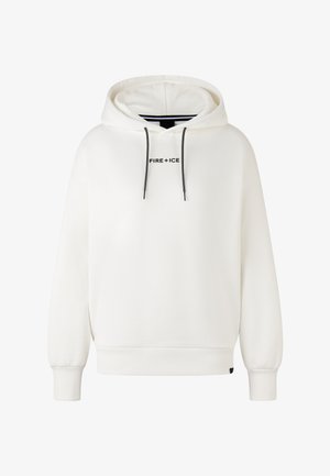 White hooded sweatshirt with black drawstrings and "FIRE + ICE" text in black centered on the chest, featuring ribbed cuffs and hem.