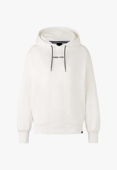 Sweat-shirt à capuche blanc avec des cordons de serrage noirs et le texte "FIRE + ICE" en noir centré sur la poitrine, doté de bords côtelés aux poignets et à l'ourlet.