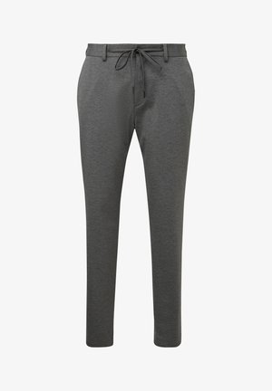 Graue Jogginghosen aus weichem, strukturiertem Stoff. Sie verfügen über einen elastischen Bund mit Kordelzug, ein schmal zulaufendes Bein-Design und keine Taschen.