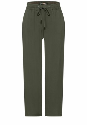 Olivengrønne bukser med lige ben, elastisk taljebånd og justerbar snøre, med to sidelommer.