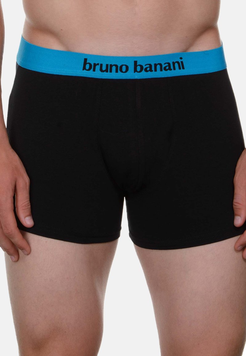 Svarta boxerkalsonger med ett blått elastiskt midjeband märkt "bruno banani," med en tät passform och slät tygtextur.