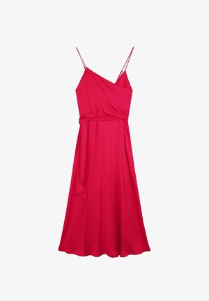 Vestito rosso senza maniche con design avvolgente, spalline sottili regolabili e cintura annodata in vita. Tessuto morbido, gonna fino al ginocchio.