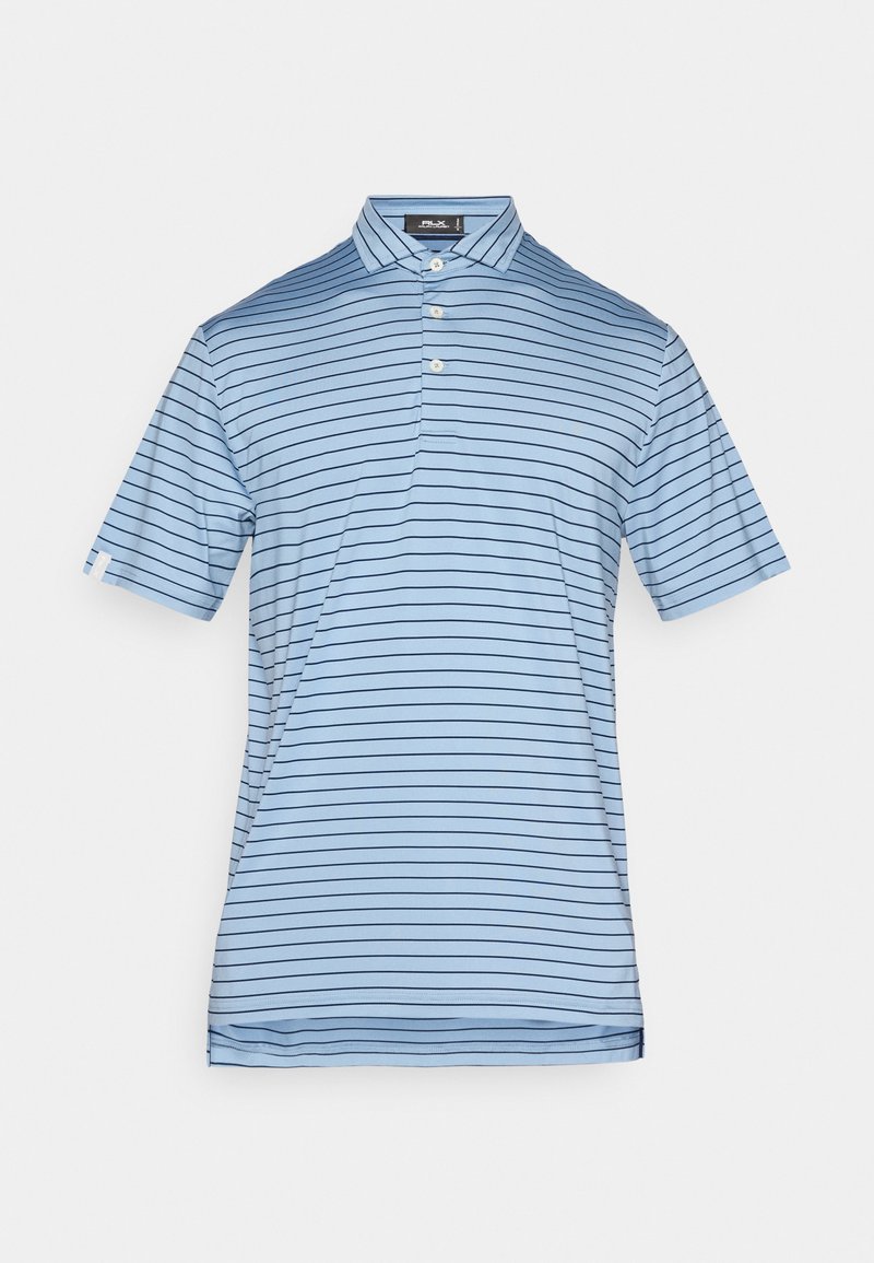 Ljusblå polo-shirt med horisontella marinblå ränder, korta ärmar, knäppt krage och mjukt, lätt tyg.