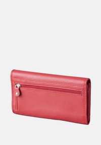 Red leather wallet with a smooth texture, zippered pocket on the back, and stitched edges. Folded design, compact and rectangular shape.