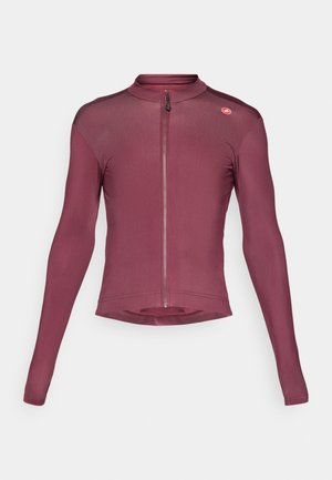 Vyriška bordo ilgomis rankovėmis dviračių maikė su visu priekiu užtrauktuku ir mažu raudonu logotipu kairiajame petyje.