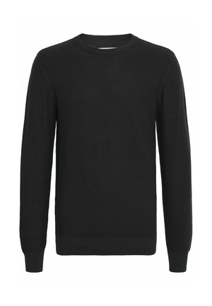 Čierny pletený sveter s dlhými rukávmi, okrúhlym výstrihom, štruktúrovanou tkaninou, rebrovanými manžetami a lemom. Klasický dizajn vhodný na vrstvenie.