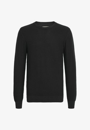 Čierny pletený sveter s dlhými rukávmi, okrúhlym výstrihom, štruktúrovanou tkaninou, rebrovanými manžetami a lemom. Klasický dizajn vhodný na vrstvenie.