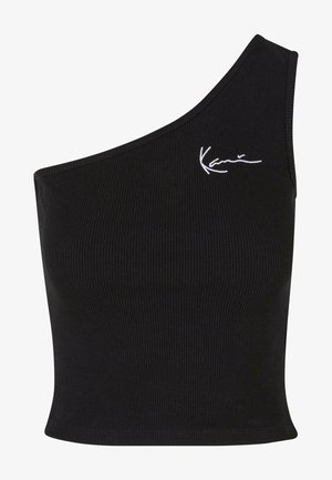 Fekete bordázott rövid fazonú top aszimmetrikus kialakítással, fehér hímzett logóval elöl és sima textúrával.